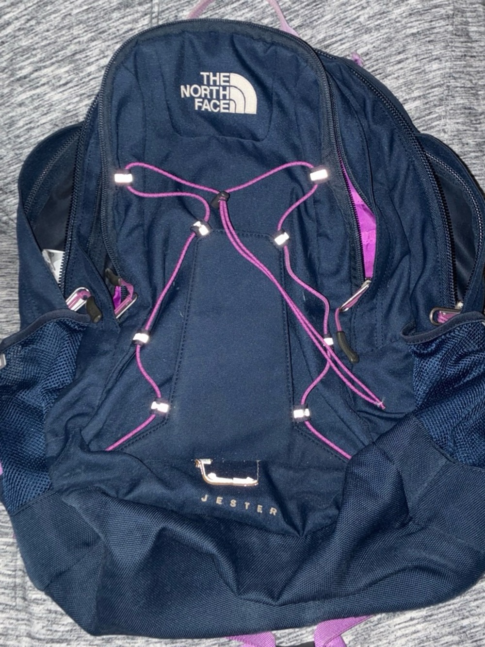 The North Face Navy Backpack with Pink Cord Accents